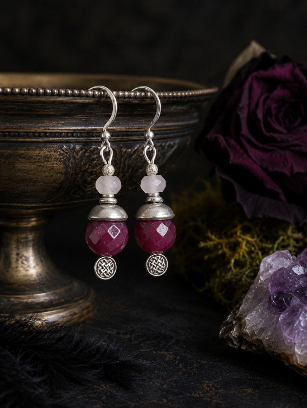 Handmade Purple Jade Rose Quartz Celtic Drop Earrings